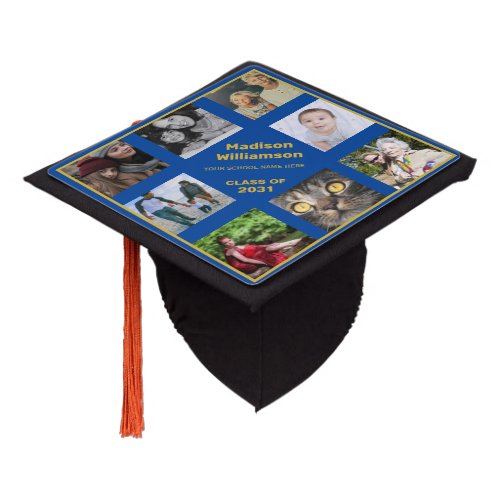 Custom Photo Collage Personalized Name Blue Gold Graduation Cap Topper