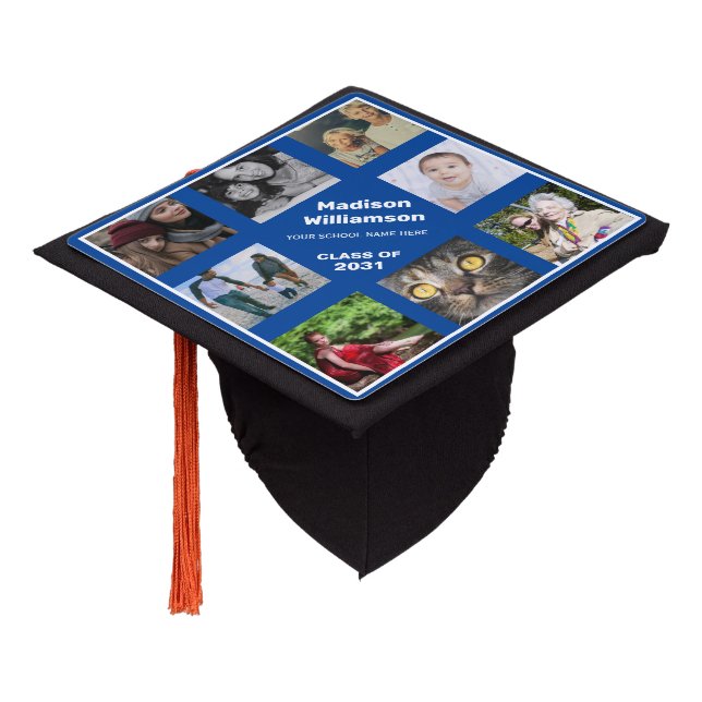 Custom Photo Collage Personalized Name Blue White Graduation Cap Topper (Angled)