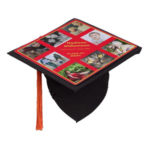 Custom Photo Collage Personalized Name Red Gold Graduation Cap Topper