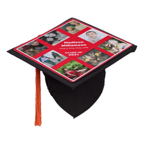 Custom Photo Collage Personalized Name Red White Graduation Cap Topper