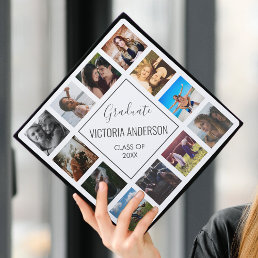 Custom Photo Collage Personalized Name White Graduation Cap Topper