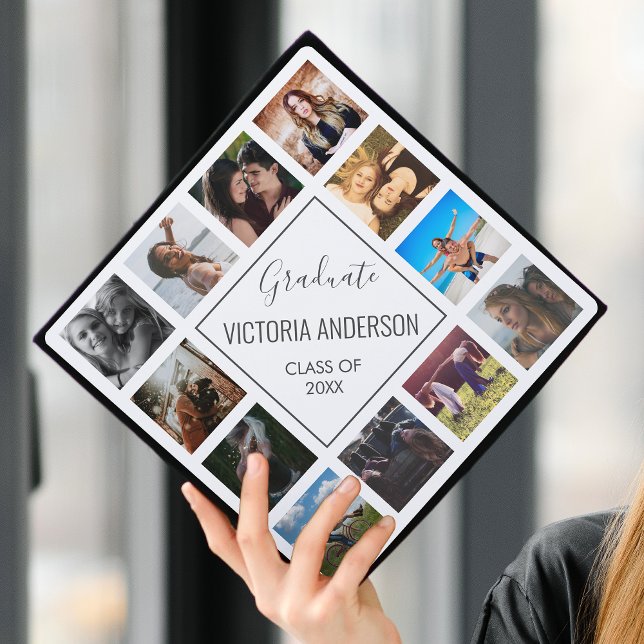 Custom Photo Collage Personalized Name White Graduation Cap Topper (Creator Uploaded)