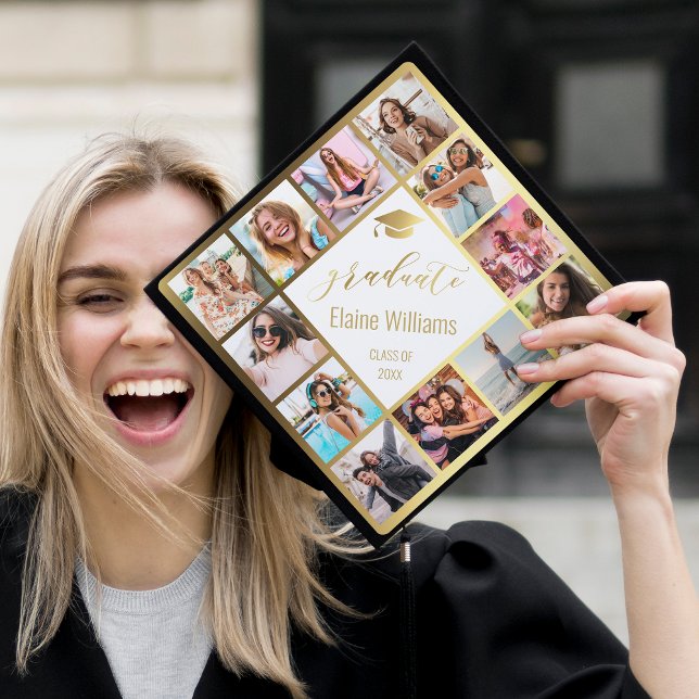 Custom Photo Collage Personalized Name Year Gold Graduation Cap Topper (Creator Uploaded)