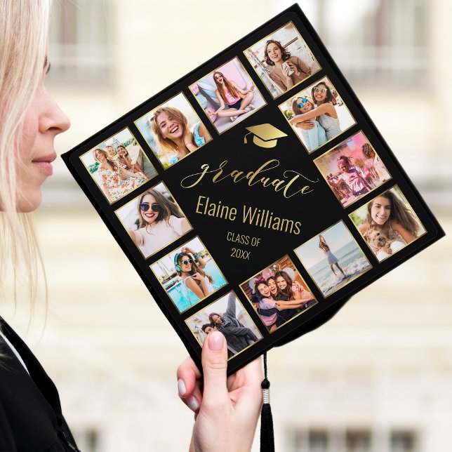 Custom Photo Collage Personalized Name Year Gold Graduation Cap Topper (Creator Uploaded)