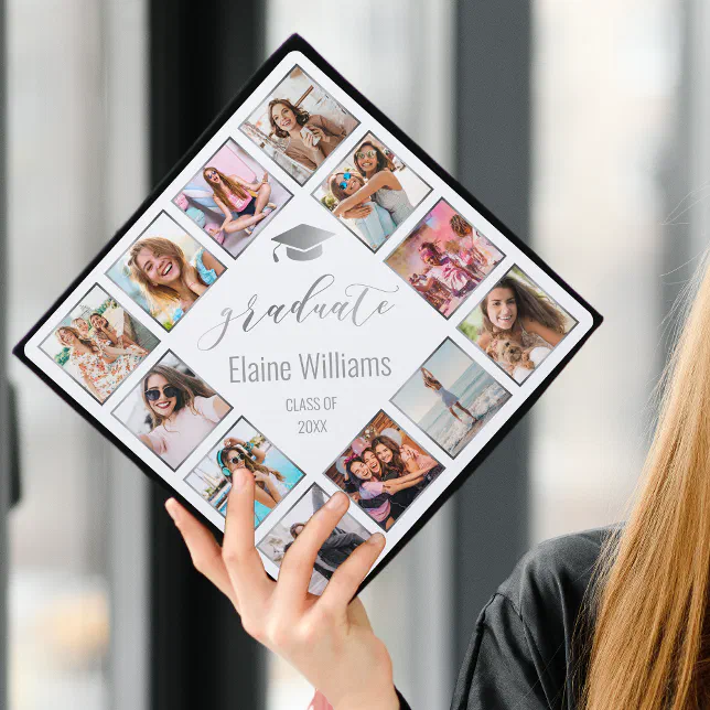Custom Photo Collage Personalized Name Year Silver Graduation Cap ...