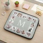 Custom Photo Collage Personalized Sage Green Laptop Sleeve<br><div class="desc">This chic laptop sleeve offers a personalized touch with its soft, light sage green background, perfect for showcasing your cherished memories. It features a modern photo collage layout, presenting multiple square frames around a prominent central monogram. This stylish design allows you to carry your device with both protection and a...</div>