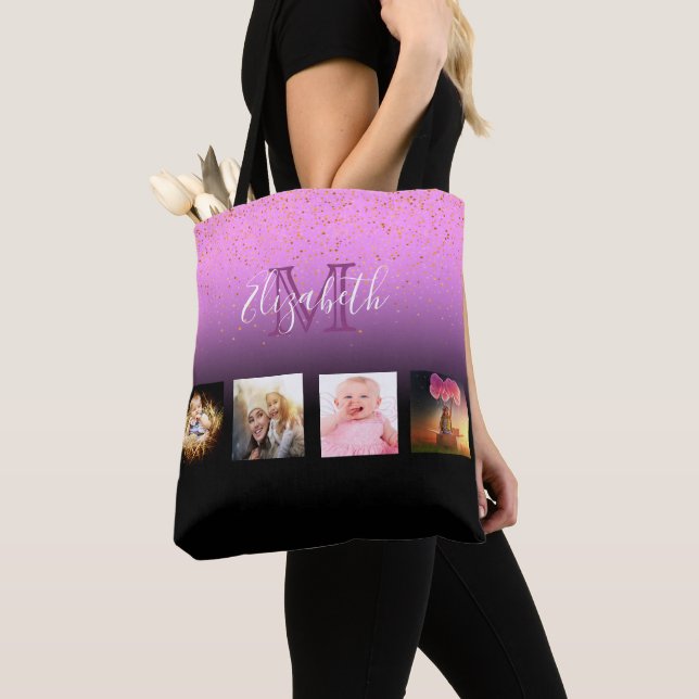 Custom photo collage purple black monogram tote bag (Close Up)