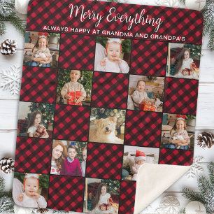 Custom Photo Collage Red Buffalo Plaid Holiday Sherpa Blanket