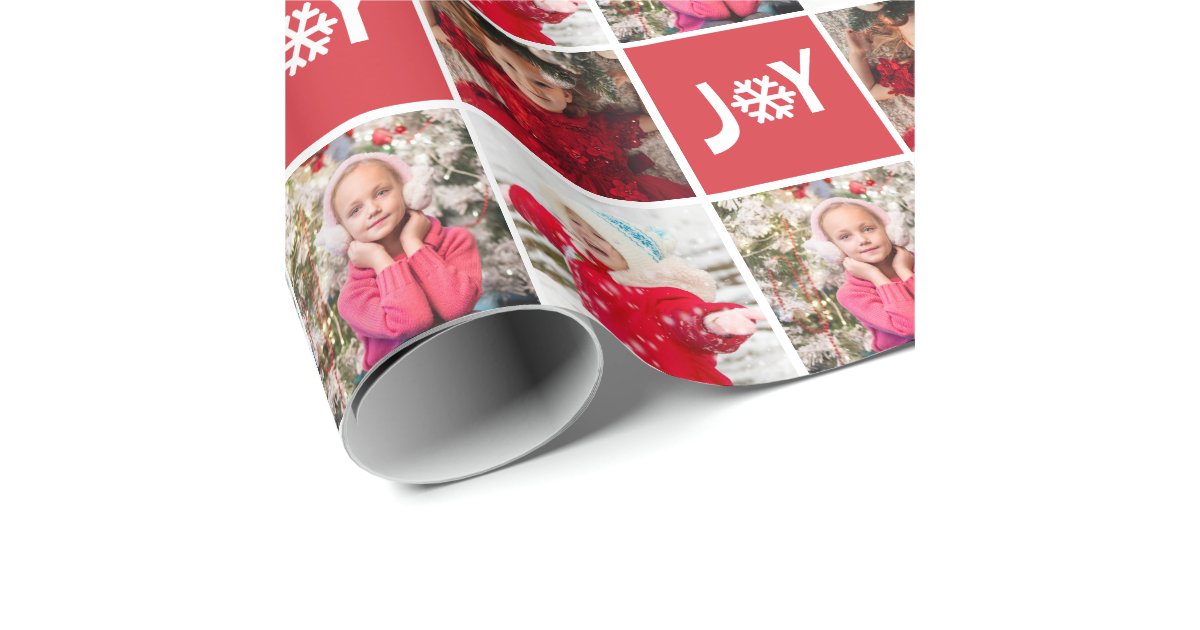 Custom Photo Collage Red Joy Christmas Wrapping Paper Zazzle