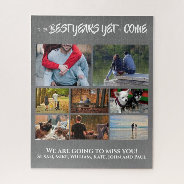 Custom photo collage retirement | 8 charcoal gray jigsaw puzzle (Vertical)