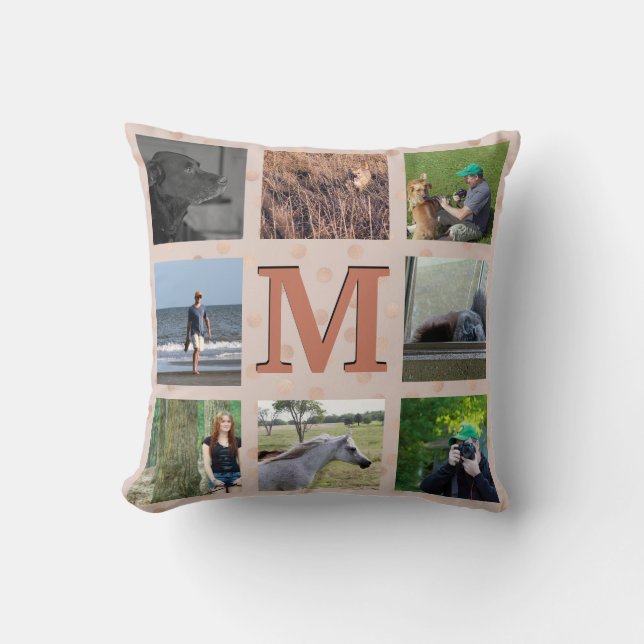 Custom Photo Collage | Rose Gold Confetti Dots Throw Pillow (Front)