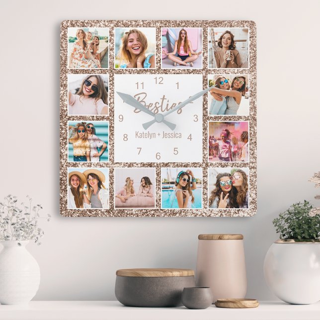Custom Photo Collage Rose Gold Glitter Friendship Square Wall Clock (Creator Uploaded)