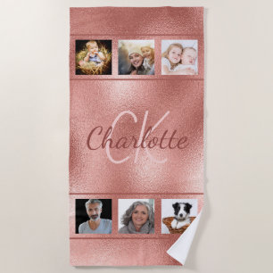 Custom photo collage rose gold monogram script beach towel