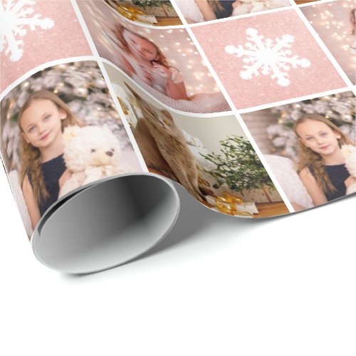 Custom Photo Collage Rose Gold Snowflakes Wrapping Paper