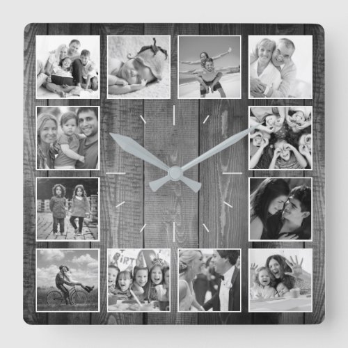 Custom Photo Collage Rustic Farmhouse Black White Square Wall Clock