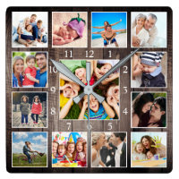Custom Photo Collage Rustic Farmhouse Family Baby Square Wall Clock