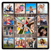 Custom Photo Collage Rustic Farmhouse Family Baby Square Wall Clock Custom Photo Collage Rustic Farmhouse Family Baby Square Wall Clock