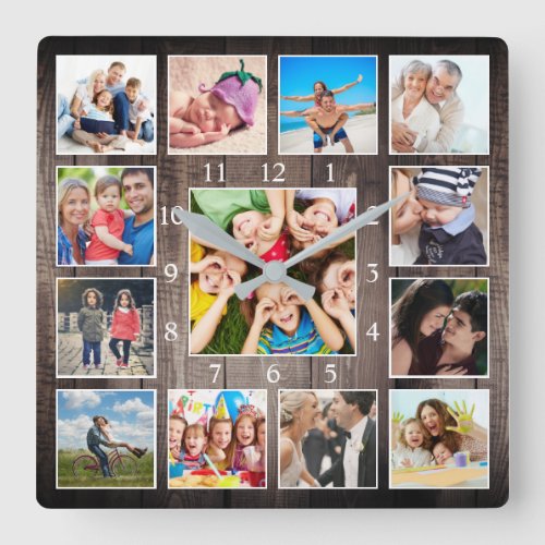 Custom Photo Collage Rustic Farmhouse Family Baby Square Wall Clock