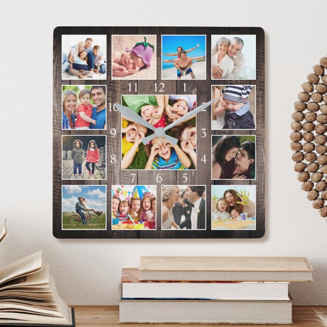 Custom Photo Collage Rustic Farmhouse Family Baby Square Wall Clock (Creator Uploaded)