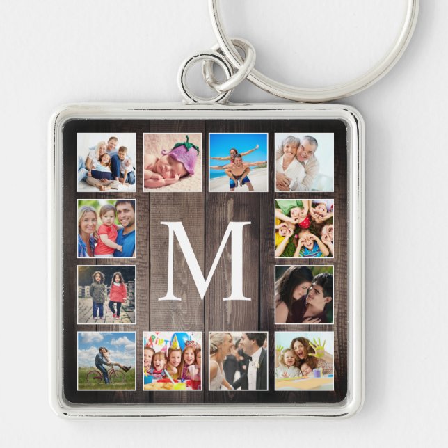 Custom Photo Collage Rustic Farmhouse Family Keychain (Front)