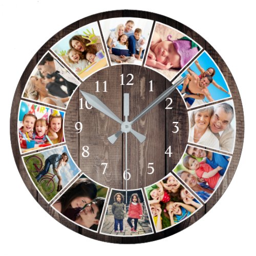 Custom Photo Collage Rustic Farmhouse Family Large Clock
