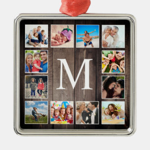 Custom Photo Collage Rustic Farmhouse Family Metal Ornament