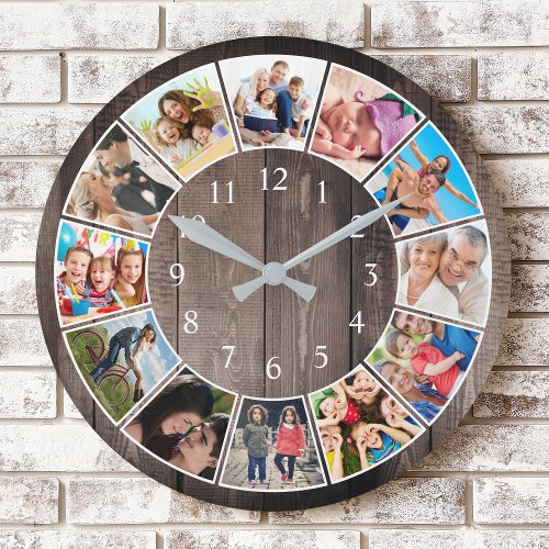 Custom Photo Collage Rustic Farmhouse Family Round Clock