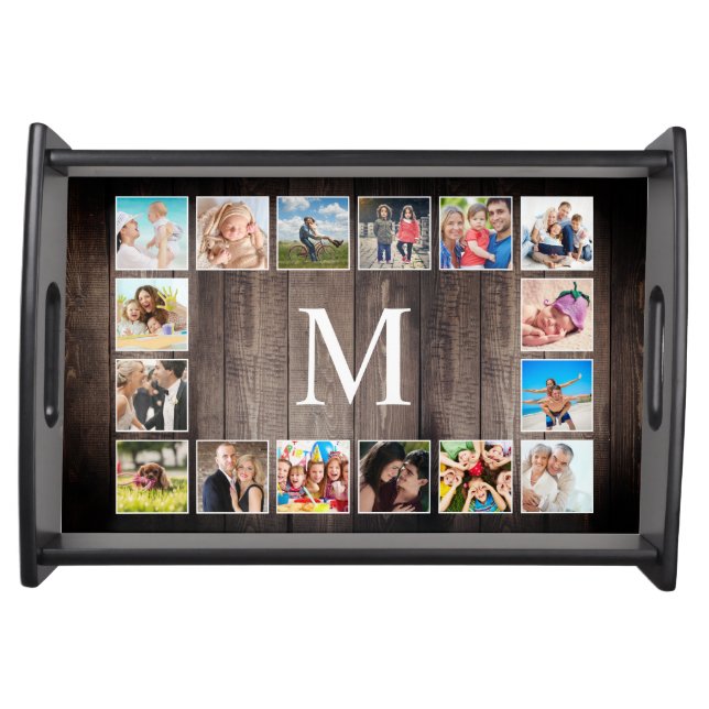 Custom Photo Collage Rustic Farmhouse Family Serving Tray (Front)
