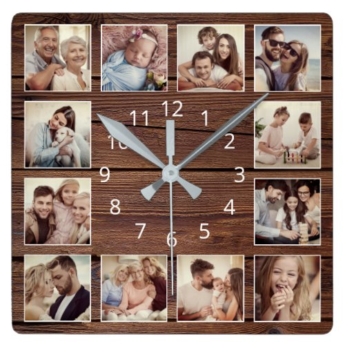 Custom Photo Collage Rustic Farmhouse Family Square Wall Clock