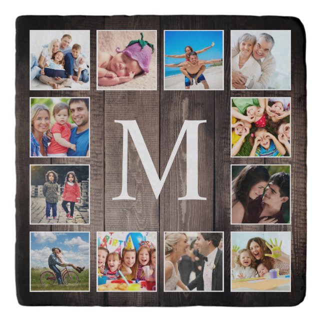 Custom Photo Collage Rustic Farmhouse Family Trivet (Front)
