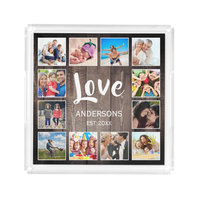 Custom Photo Collage Rustic Farmhouse Love Family Acrylic Tray (Front)