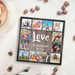 Custom Photo Collage Rustic Farmhouse Love Family Glass Coaster