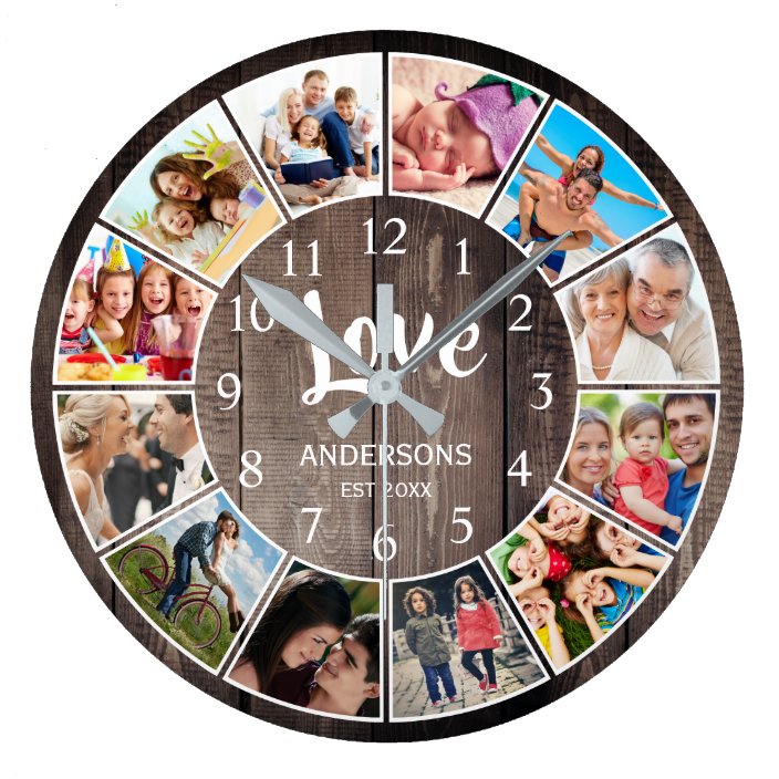 Custom Photo Collage Rustic Farmhouse Love Family Large Clock | Zazzle.com