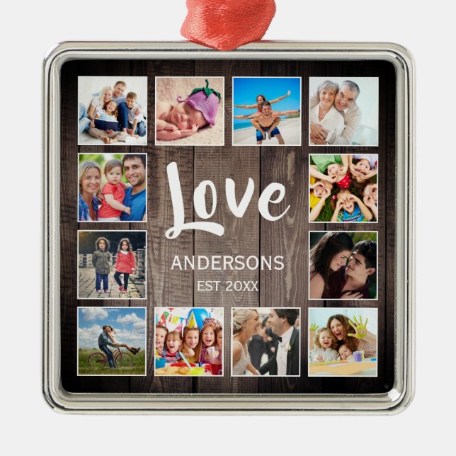 Custom Photo Collage Rustic Farmhouse Love Family Metal Ornament (Front)