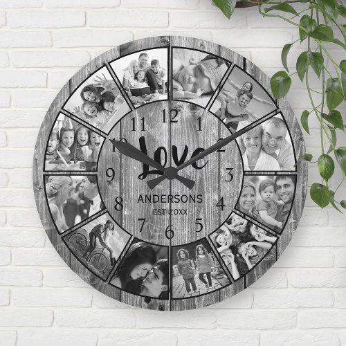 Custom Photo Collage Rustic Farmhouse Love Family Round Clock