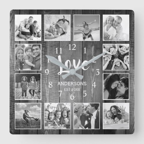 Custom Photo Collage Rustic Farmhouse Love Family Square Wall Clock