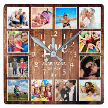 Custom Photo Collage Rustic Farmhouse Love Family Square Wall Clock Custom Photo Collage Rustic Farmhouse Love Family Square Wall Clock