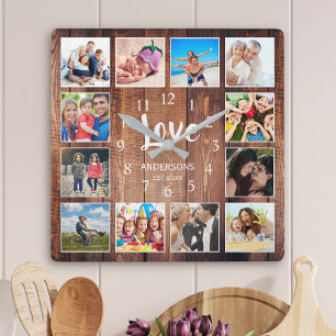 Custom Photo Collage Rustic Farmhouse Love Family Square Wall Clock