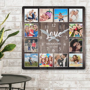 Custom Photo Collage Rustic Farmhouse Love Family Square Wall Clock