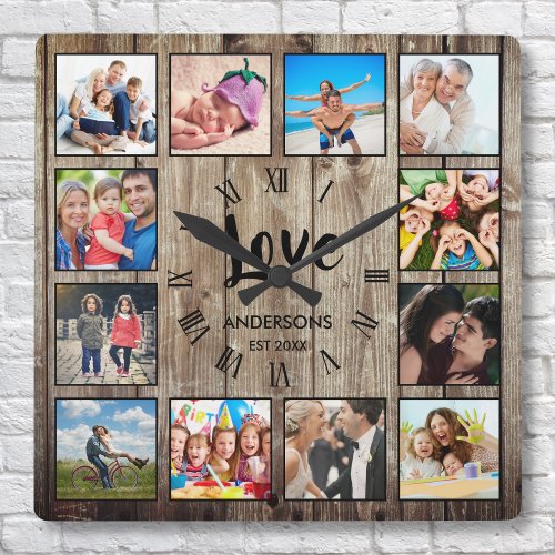 Custom Photo Collage Rustic Farmhouse Love Family Square Wall Clock