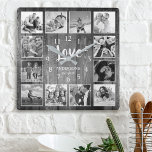 Custom Photo Collage Rustic Farmhouse Love Family Square Wall Clock<br><div class="desc">Create your own personalized 12 photo collage wall clock with your custom images on a rustic farmhouse style wooden plank background. The clock face also features your family name, established year and a "Love" handwritten script. Add your favorite photos, designs or artworks to create something really unique. To edit this...</div>