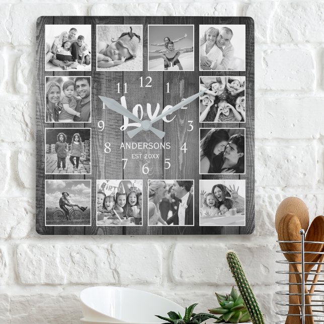 Custom Photo Collage Rustic Farmhouse Love Family Square Wall Clock (Creator Uploaded)