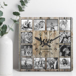 Custom Photo Collage Rustic Farmhouse Love Family Square Wall Clock<br><div class="desc">Create your own personalized 12 photo collage, roman number wall clock with your custom images on a rustic farmhouse style wooden plank background. The clock face also features your family name, established year and a "Love" handwritten script. Add your favorite photos, designs or artworks to create something really unique. To...</div>