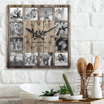 Custom Photo Collage Rustic Farmhouse Love Family Square Wall Clock<br><div class="desc">Create your own personalized 12 photo collage, roman number wall clock with your custom images on a rustic farmhouse style wooden plank background. The clock face also features your family name, established year and a "Love" handwritten script. Add your favorite photos, designs or artworks to create something really unique. To...</div>
