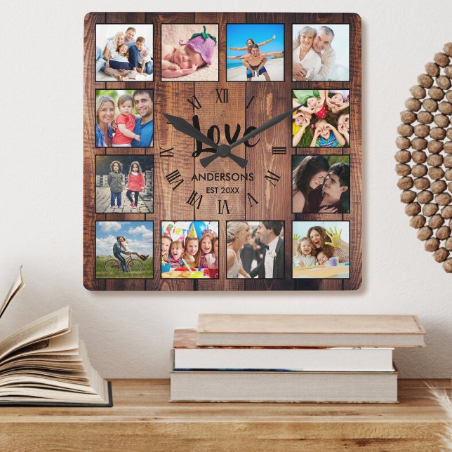 Custom Photo Collage Rustic Farmhouse Love Family Square Wall Clock (Creator Uploaded)