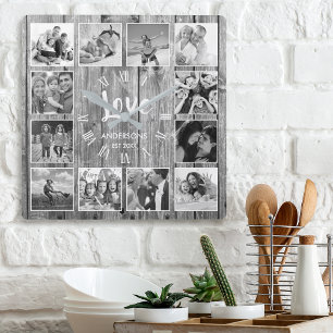 Custom Photo Collage Rustic Farmhouse Love Family Square Wall Clock