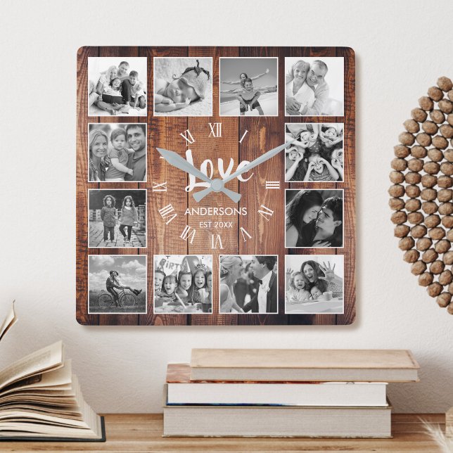 Custom Photo Collage Rustic Farmhouse Love Family Square Wall Clock (Creator Uploaded)
