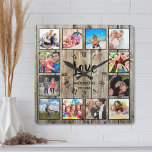 Custom Photo Collage Rustic Farmhouse Love Family Square Wall Clock<br><div class="desc">Create your own personalized 12 photo collage, roman number wall clock with your custom images on a rustic farmhouse style wooden plank background. The clock face also features your family name, established year and a "Love" handwritten script. Add your favorite photos, designs or artworks to create something really unique. To...</div>