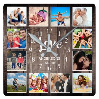 Custom Photo Collage Rustic Farmhouse Love Family Square Wall Clock