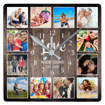 Custom Photo Collage Rustic Farmhouse Love Family Square Wall Clock Custom Photo Collage Rustic Farmhouse Love Family Square Wall Clock